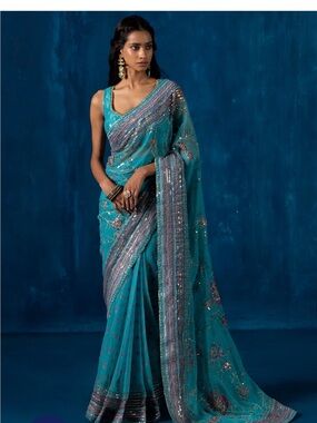 Embellished Teal Saree with Silver Accents